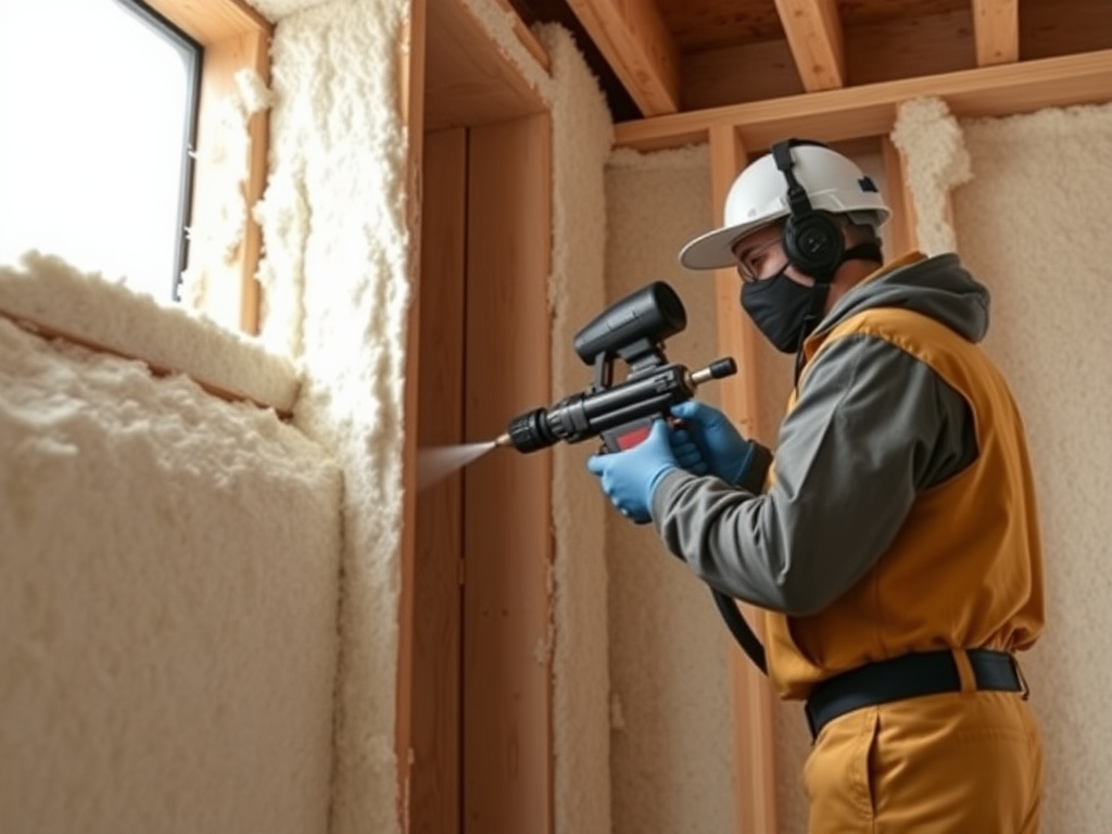 Technician applying dense closed-cell spray foam to a wall stud cavity