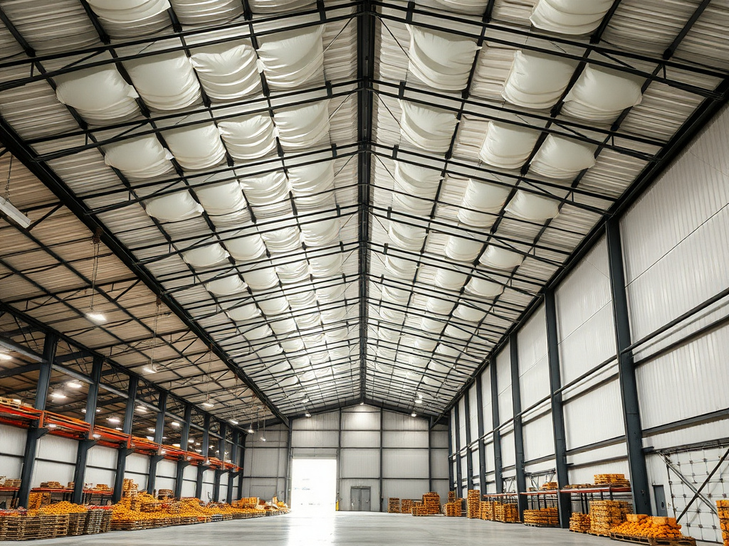 Commercial building interior with spray foam insulation applied to the roof deck