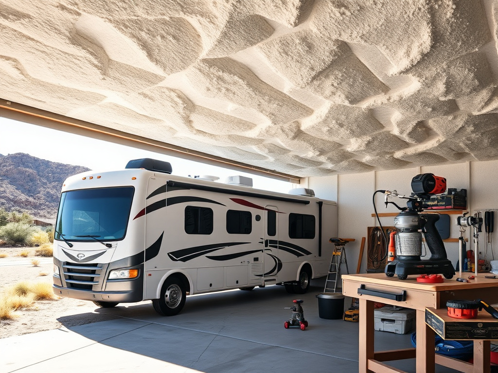 Spray foam insulation applied to a garage ceiling and wall