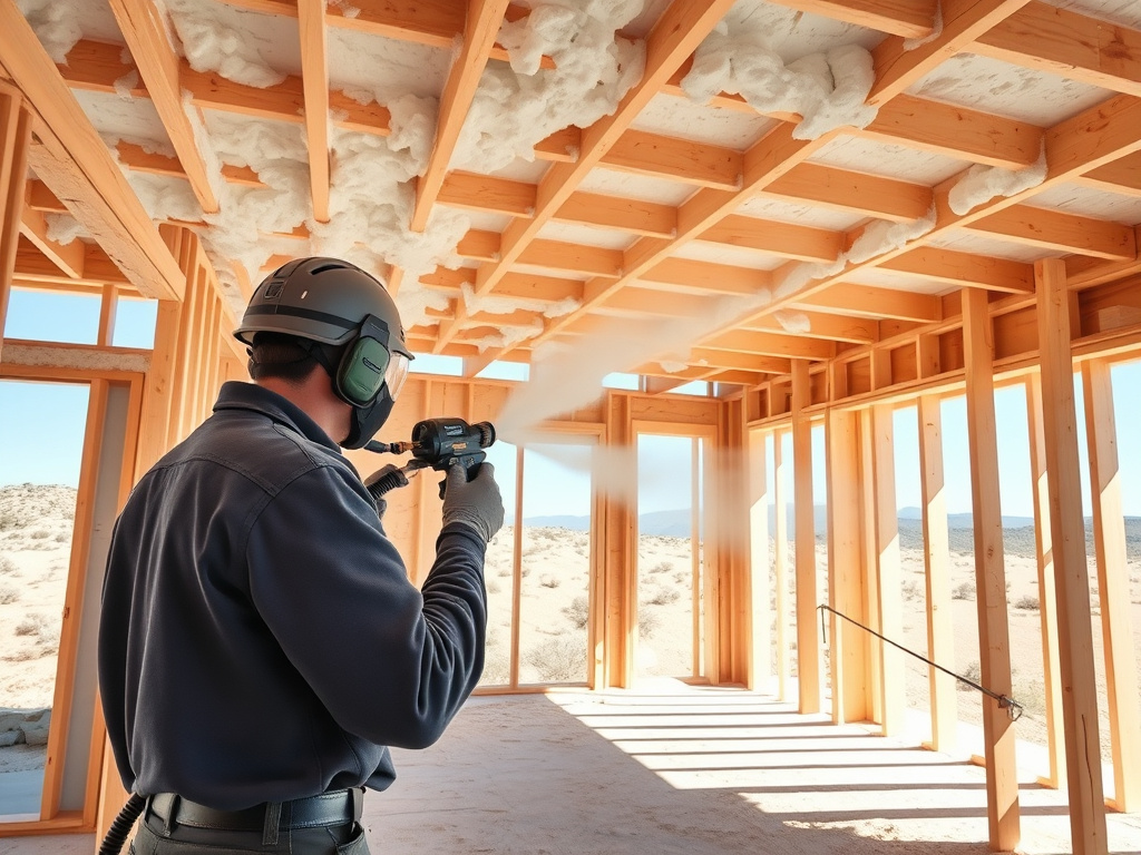Spray foam insulation being applied inside a new-construction home during framing